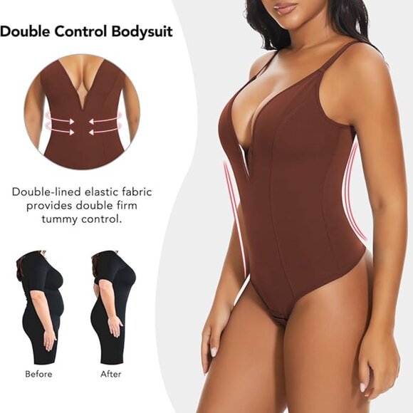 SHAPERIN Women's Deep V Neck Bodysuit - Picture 3 of 5